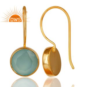 Boucles d'oreilles pendantes rondes en calcédoine aqua pour femme, plaquées or jaune, en argent, avec crochet, fournisseur de boucles d'oreilles de créateur - Product Image 3