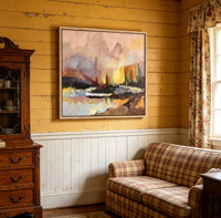 Peinture à l'huile sur toile texturée peinte à la main, champ de fleurs sauvages, art mural abstrait, paysage luxueux, cadre en bois, bleu beige floral