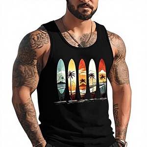 Camiseta sin mangas con cuello en V para hombre, color negro, de secado rápido, 100% poliéster, con estampado digital de surf y atardecer. - Product Image 3