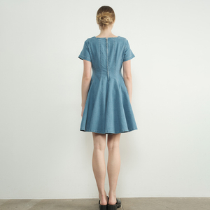 Summer Korean <strong>Wholesale</strong> Boutique Soft Washed Fabric High Waist <strong>Central</strong> Back Zipper Square Neck Denim Bottom Ruffle Dresses - Product Image 4