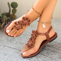 Sandales plates décontractées pour femme style bohème romain été 2026, chaussures de plage à semelle souple et bride élastique, motif floral