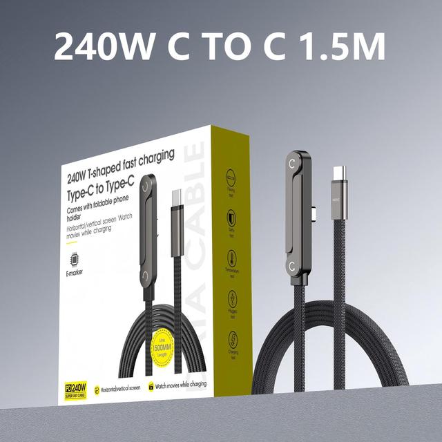 WFYEAR 240W Type-C Braided Fast Charge Cable with Built-in Phone Stand 1.5M TPE Invisible Holder Charger