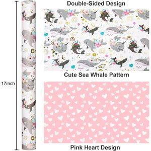 Whale Rainbow Ocean Theme Gift Wrapping <b>Paper</b> 17 Inch X 33 Feet Reversible For Baby Shower Birthday Pink Heart Design - Product Image 3