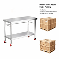 Table de préparation double couche robuste pour cuisine commerciale avec roulettes pour restaurant, hôtel, boulangerie, table de travail en acier inoxydable