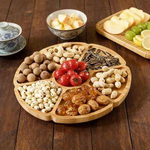 Plateau rond en bambou multi-compartiments, plat à apéritifs en bois massif, plateau de service pour fêtes et réceptions - Product Image 1