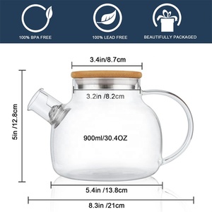 Cnglass Stovetop an toàn thủy tinh ấm trà Stovetop an toàn thủy tinh Jug 900ml thủy tinh borosilicate nước trà nồi với nắp tre - Product Image 4