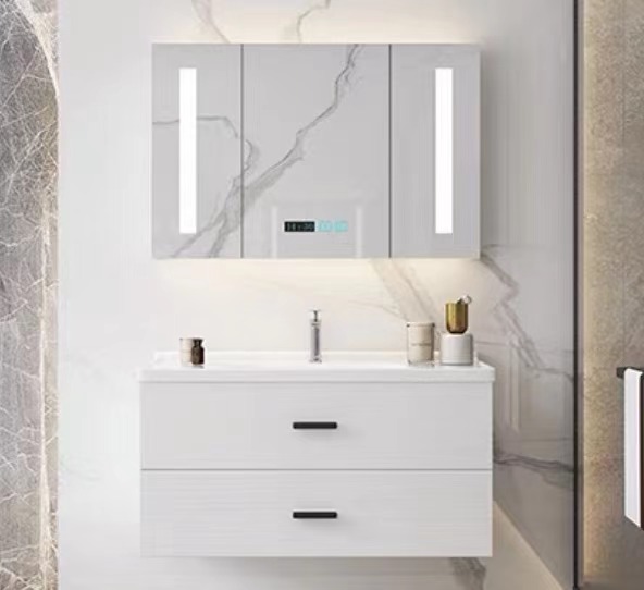 High Glossy White 120cm Width Stock Clearance Bathroom Vanity wall mounted glass basin with mirror