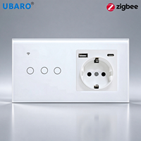 Interrupteur intelligent tactile UBARO Zigbee 3 gangues, prise EU Schuko avec port USB type C, panneau en verre trempé, prise murale, Tuya Smart Home