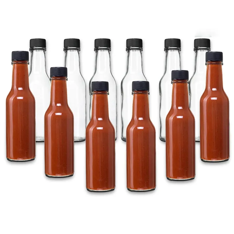 Vacío 100Ml 150Ml 250Ml Ensalada de Chile Transparente Ketchup Salsa picante Botella de vidrio con tapa negra