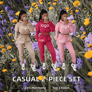 ชุดครอปมีฮู้ดลำลอง2ชิ้นสำหรับผู้หญิงชุดครอปมีฮู้ดแขนยาวกางเกงวอร์มฤดูหนาวพิมพ์ลายดิจิตอล - Product Image 3