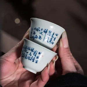 Cangkir teh Kung Fu Cina Zhongjiayao merek Jingdezhen Chai Kiln keramik biru dan putih Master cangkir teh porselen buatan tangan