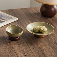 Assiette à dessert en grès réactif avec pied et base en bois d'acacia, 16 cm, 20 cm, plat de service pour gâteaux, fruits, apéritifs, 5 couleurs