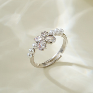 Butterfly Shaped Open <b>Ring</b> With Zircon And Pearls Adjustable Index <b>Finger</b> <b>Ring</b> For Gift - Product Image 1