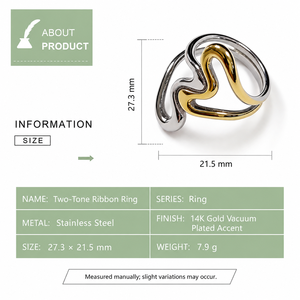 Anillo de Acero Inoxidable de Dos Tonos con Cinta Entrelazada, Chapado al Vacío en Oro de 14K, Joyería Escultural de Diseño - Product Image 2