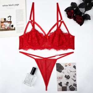 Conjunto de Lencería de Dos Piezas con Encaje de Pestañas y Bordado, Color Sólido, Sujetador Push-Up y Tanga, Sexy, Gran Venta - Product Image 5