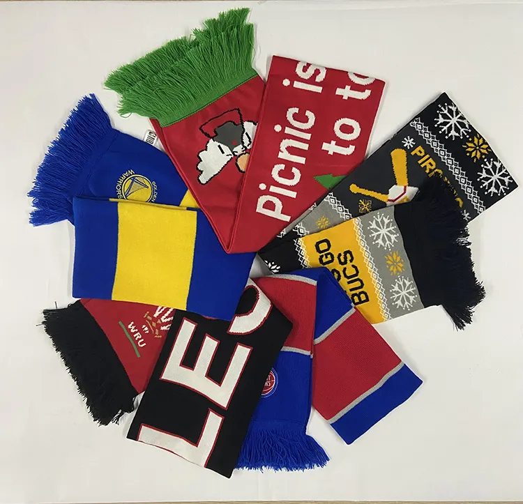 Bufanda de punto de acrílico con logotipo personalizado para aficionados, pañuelo decorativo de equipo deportivo para invierno, venta al por mayor