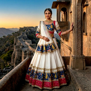 Ensemble Lehenga Choli blanc avec blouse brodée et dupatta, tenue traditionnelle indienne pour mariage, Diwali, soirée, longueur ras du sol, en soie romaine pour femme - Product Image 1