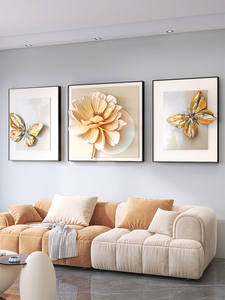Art mural en relief 3D simple et moderne de luxe léger, <span class=keywords><strong>triptyque</strong></span> encadré avec des <span class=keywords><strong>fleurs</strong></span> de papillon, salon, fond de canapé, <span class=keywords><strong>peinture</strong></span> suspendue - Product Image 5