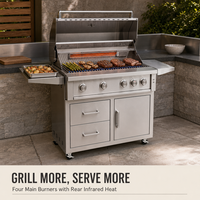 Barbecue autoportant haut de gamme moderne en acier inoxydable avec quatre brûleurs, chaleur infrarouge arrière et armoire de rangement pour usage domestique et extérieur