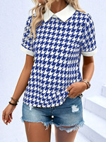 Hersteller OEM ODM Karriere Damen Turndown Kragen Jacquard Muster Strick hemd Sommer Slim Kurzarm Pullover