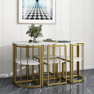 <span class=keywords><strong>TOPMAX</strong></span> Ensemble de table à manger moderne 7 pièces en fer, étanche, portable, plateau en pierre frittée, 55 pouces, pour petit appartement, 6 places, doré + blanc - Product Image 1