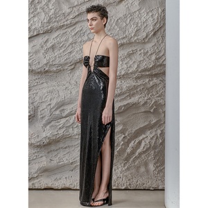 2024 haut de gamme marque de créateur fabricants de vêtements de luxe Sexy dos nu fente noir Sequin pansement Maxi robes décontractées pour les femmes - Product Image 2
