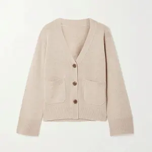 Benutzer definierte übergroße Button Down Baumwolle Wolle Kaschmir V-Ausschnitt Pullover Strickjacke für Frauen