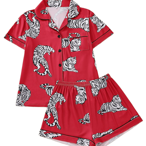 Conjunto de Pijama de Satén Estampado para Mujer, Manga Corta, Botones al Frente, Pantalones Cortos, Ropa de Dormir Transpirable, Ropa Casual de Verano para Mujer - Product Image 1