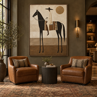 Peinture sur toile Wabi Sabi vintage représentant un cavalier équestre, art mural figuratif aux tons terreux pour la décoration de hall d'hôtel, villa ou bureau
