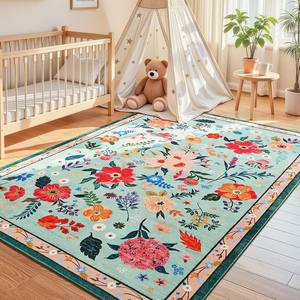 Tapis rectangulaire en velours cristal à imprimé floral, en fibre de polyester, pour la décoration de la maison, tapis de sol pour salon, nettoyage facile, entretien facile - Product Image 3