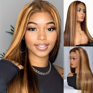 Perruque longue pour femmes, style européen et américain, très vendue, en fibre synthétique haute température, avec dentelle frontale, couleur piano, raie au milieu - Product Image 1