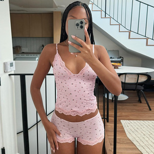 Vanfound 10022 Bộ quần short 2 món mùa hè thường ngày cho Nữ Bộ đồ ngủ vải thun/Polyester ren in hoa dáng ôm cổ chữ V - Product Image 3