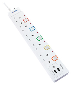 Enchufe de Extensión Individual de Cobre Puro con 2 Puertos USB-A, 2 Puertos USB-C, 6 Tomas de Corriente, Clasificación IP20, 13A, <span class=keywords><strong>IEC</strong></span> y BS, Uso Residencial - Product Image 3