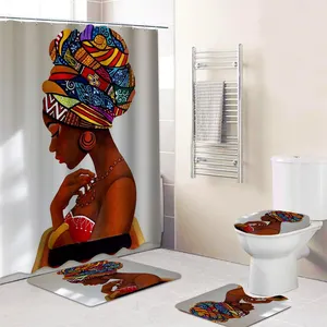 Bán sỉ màu đen 4 thiết lập tắm mat-Mỹ Phụ Nữ Cô Gái Da Đen Tribal Boho Bộ Phòng Tắm Tùy Chỉnh Thực Hiện Tắm Mat Có Vòi Hoa Sen Curtain