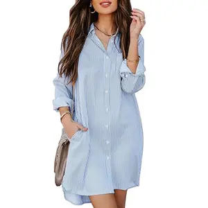 Women'S Button Down Shirt Dress With Pocket Cotton Striped Shirt Collared Tunic Long Sleeve High-Low Shirt Top