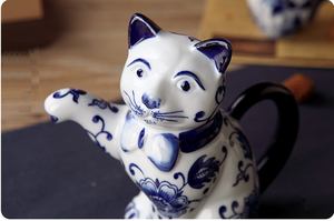 Tetera de té de cerámica con diseño de gato de la suerte, decoración clásica china para el hogar, color azul y blanco, Original - Product Image 5