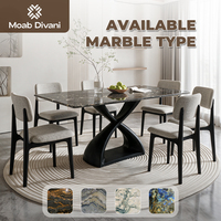 Table à manger rectangulaire en marbre de luxe léger avec base noire en X torsadé et ensemble de chaises de salle à manger en tissu de lin simple pour la maison