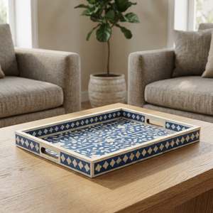 Wholesale Handcrafted Bone Inlay Serving Tray with Blue Floral Pattern Used for <b>Table</b> Top Decor and Serving Tea <b>Coffee</b> - Product Image 1