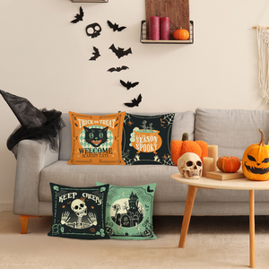 Housse de coussin vintage pour Halloween, 4 pièces, motif chat farceur, crâne, chauve-souris, fantôme, château, type polyester lin, décoration de canapé pour intérieur et extérieur - Product Image 3