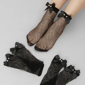 Mesh Socke imitiert Pearl Accessoires schwarze Netz strümpfe mit Bowknot