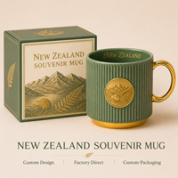 Souvenir de voyage de Nouvelle-Zélande, tasse en céramique cuivrée, médaillon doré en relief, tasse à café personnalisée avec un monument de la ville, OEM ODM en gros