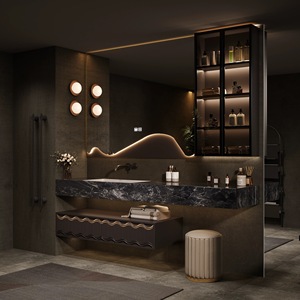 Encimera de mármol minimalista moderna personalizada con gabinete de baño con espejo inteligente e iluminado - Product Image 4