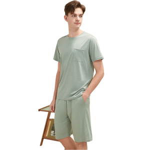 Ensembles deux pièces pour hommes en couleur unie, respirants, 100% coton, t-shirts à manches courtes en tricot, shorts à cordon de serrage, tenues décontractées pour l'été - Product Image 1