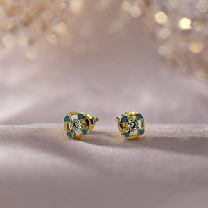 Classic 22K Gold Square Design <b>Stud</b> <b>Earrings</b> with <b>Blue</b> Enamel and Crystal Center Elegant Designer Jewelry for Women - Product Image 3