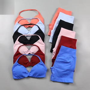 Conjunto de Yoga sin Costuras con Detalle Fruncido para Mujer, Ropa Deportiva, Shorts de Gimnasio, Sujetador Deportivo con Tirantes, Conjunto de 2 Piezas, Ropa de Entrenamiento Halter, Traje de Fitness - Product Image 1