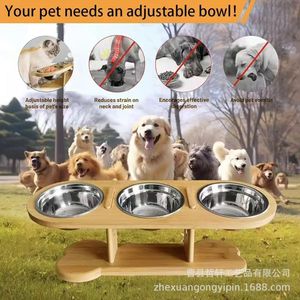 Soporte de madera para tazones de mascotas con tres tazones de acero inoxidable, diseño elevado para perros y gatos, estación de alimentación de madera maciza 3 en 1 - Product Image 4