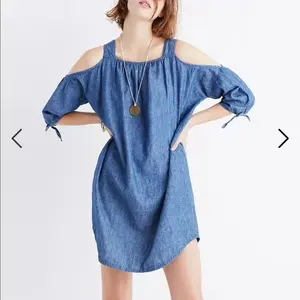 American clothing ladies jeans dresses women's summer cold-shoulder tie sleeve A-line chambray denim mini dress