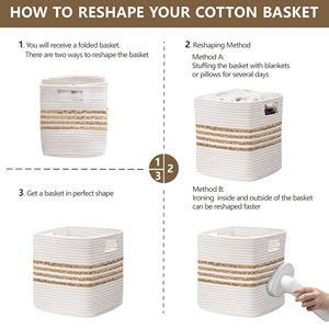 Paniers de rangement en jacinthe d'eau pour étagères, jouets, paniers de rangement avec poignées, paniers tissés en corde de coton pour l'organisation, blanc - Product Image 6