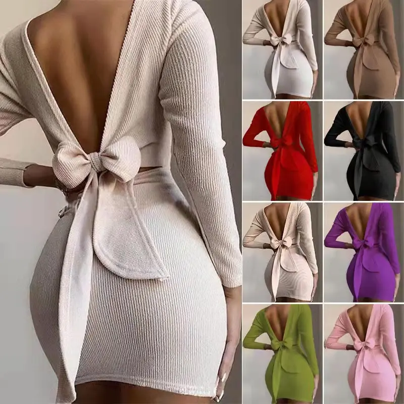 2022 Spring/Summer Sexy Backless Mini Bar Solid Color Tight Bow Tie Women Clothing Dresses