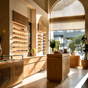 Negozio di vendita al dettaglio ottico contemporaneo con mensole aperte a gradini e vetrine luminose rotonde - Product Image 2